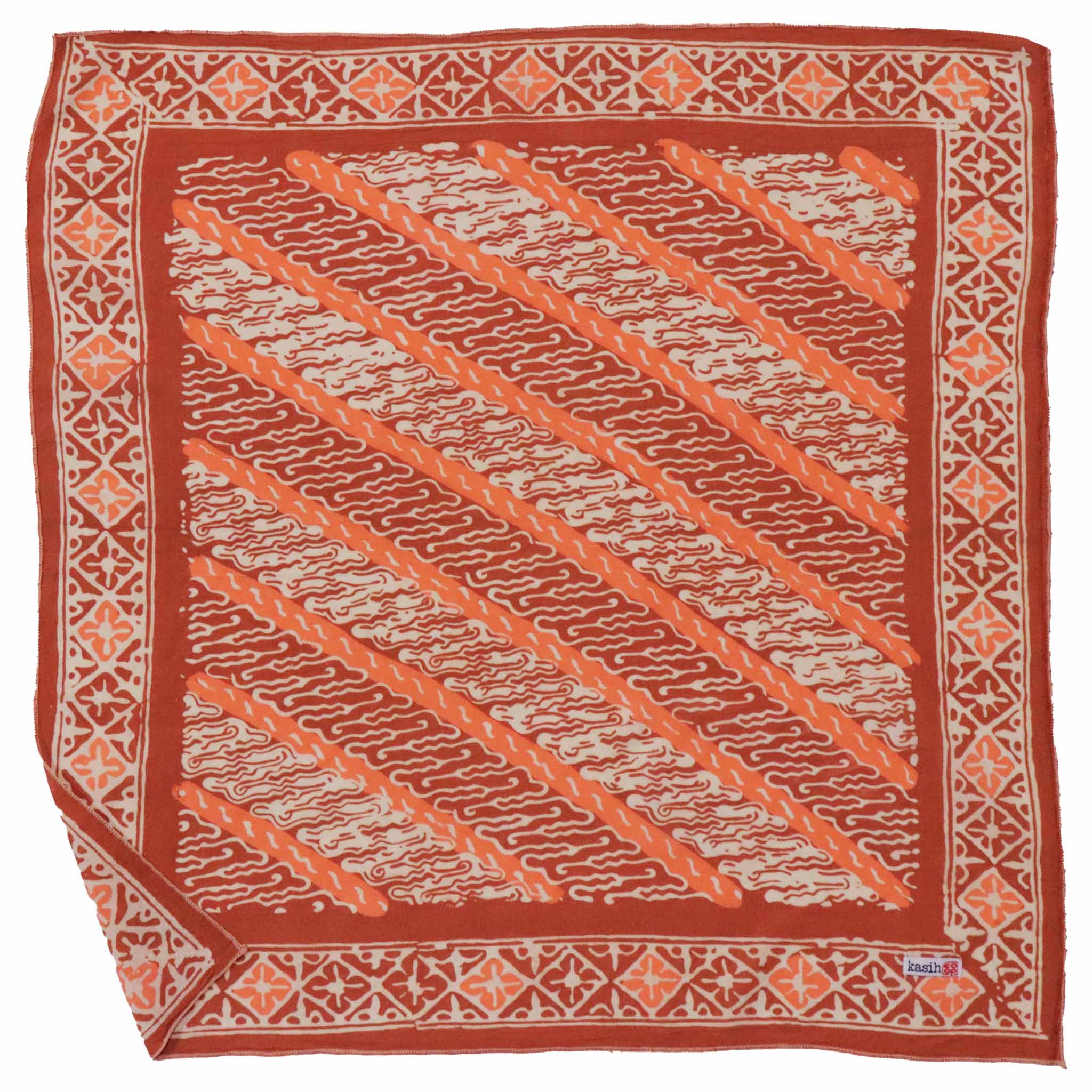 Decorative orange and beige patterned bandana on a white background