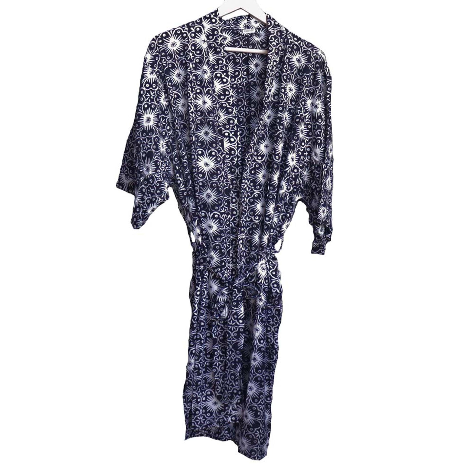 Indonesian Floral Robe NOVICA Handmade Batik Robe - Indonesian Floral Rayon Kimono 'Midnight Rose' Black White Handmade Batik Clothing
