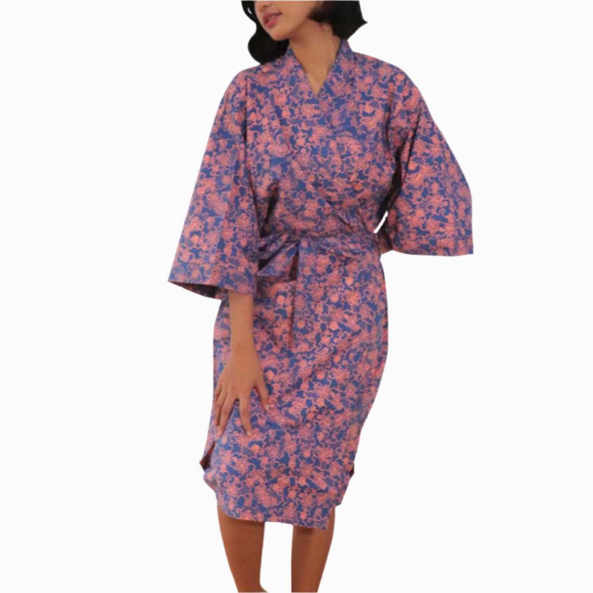 Handmade Batik Robe Kimono, Pink Blue Mangosteen, Lightweight Cotton L ...