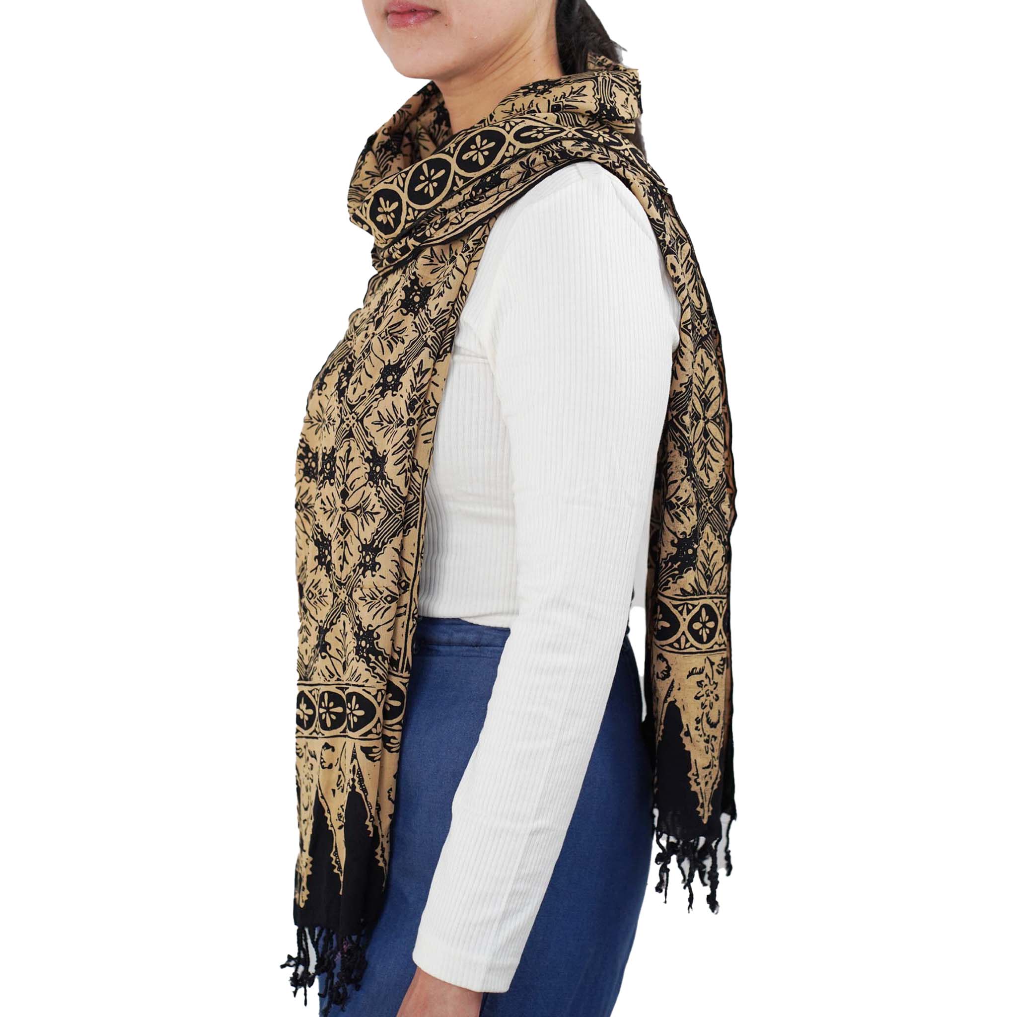 Hand Dyed Batik Scarf - Cotton - Black Brown Harvest, Lightweight