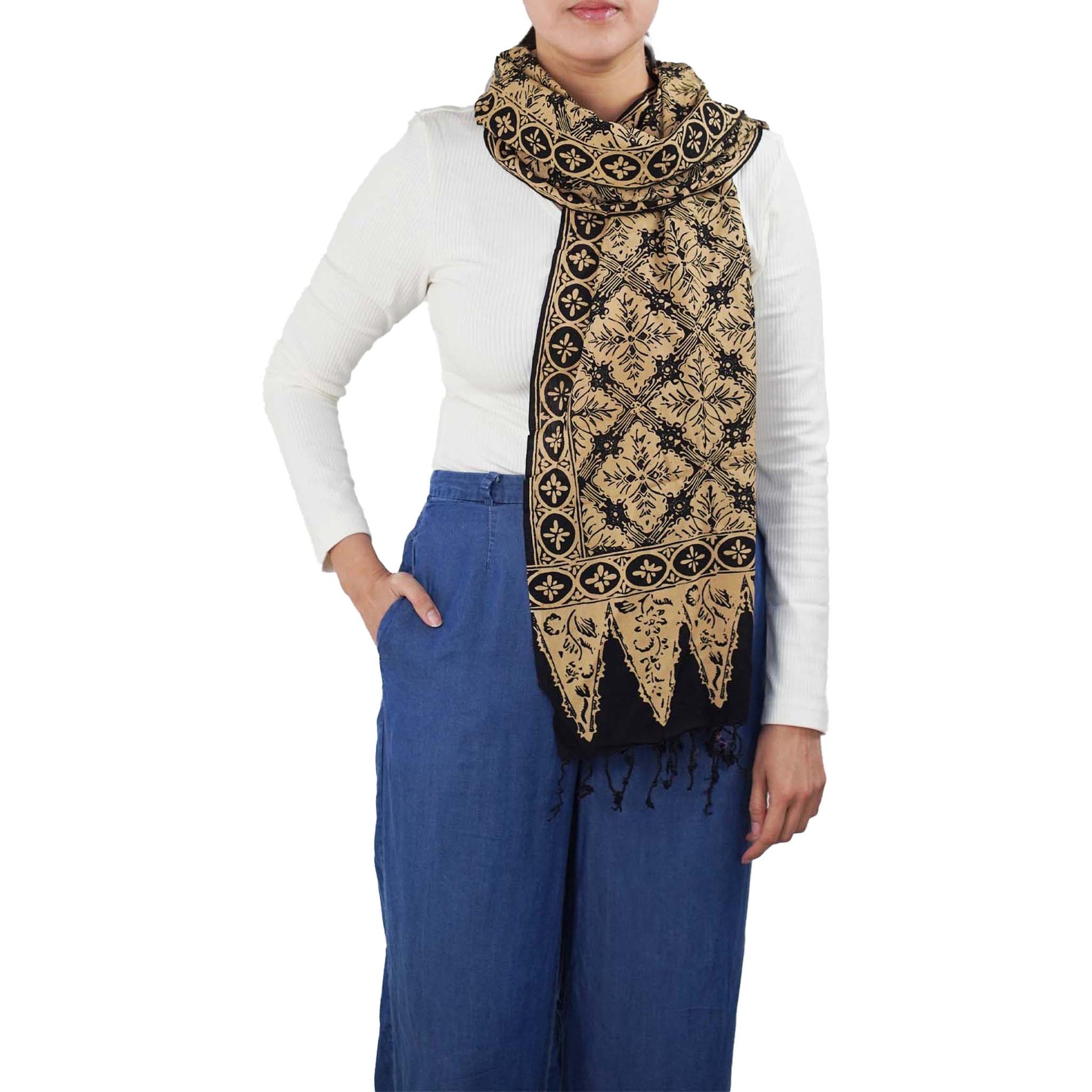 Hand Dyed Batik Scarf Cotton Black Brown Harvest, Lightweight - Main Image