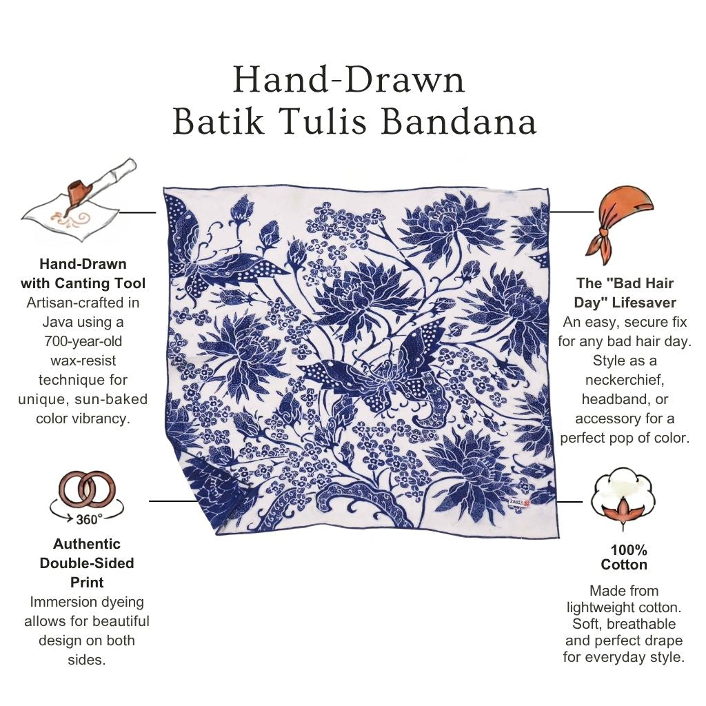 Lotus Blossom in indigo white batik cotton bandana