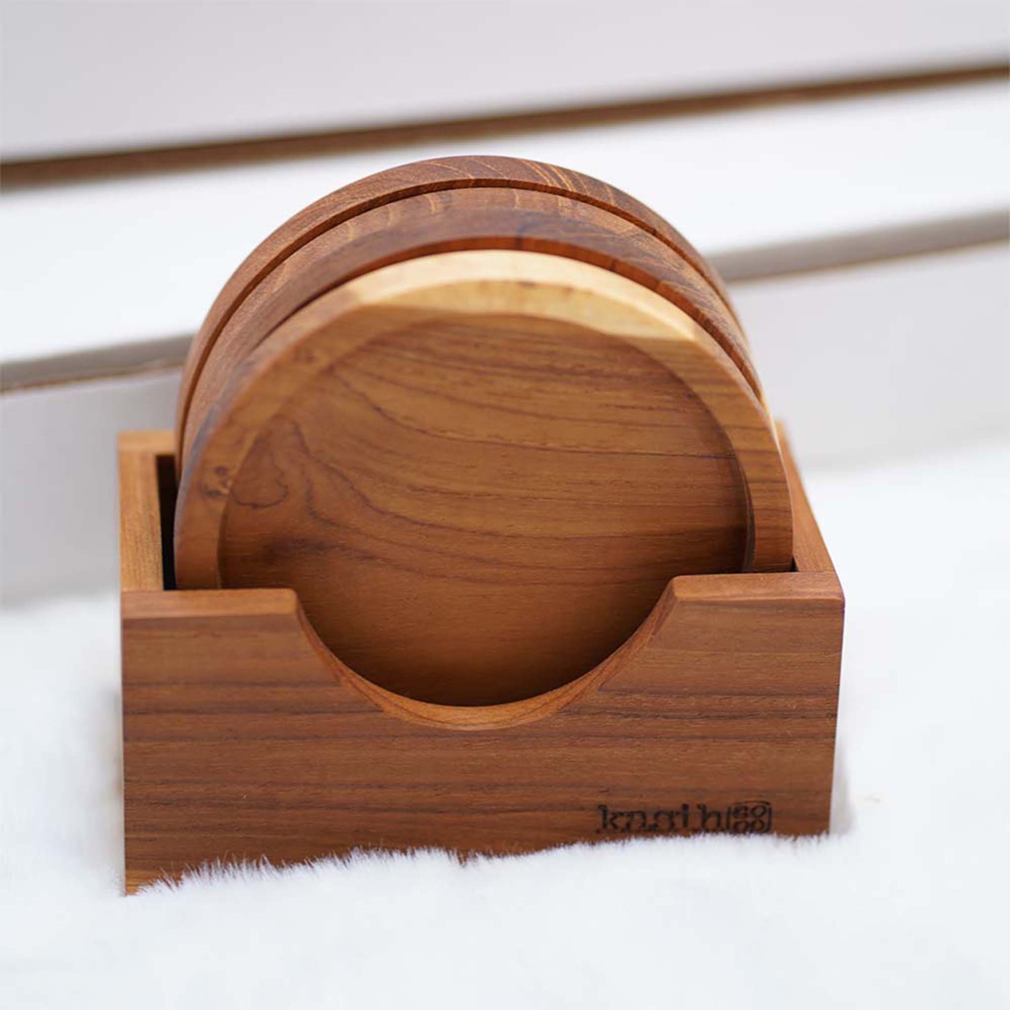 Handmade Teak Wood Coaster Set of Four Bar Mat Mid Century Glass Mats with Holder