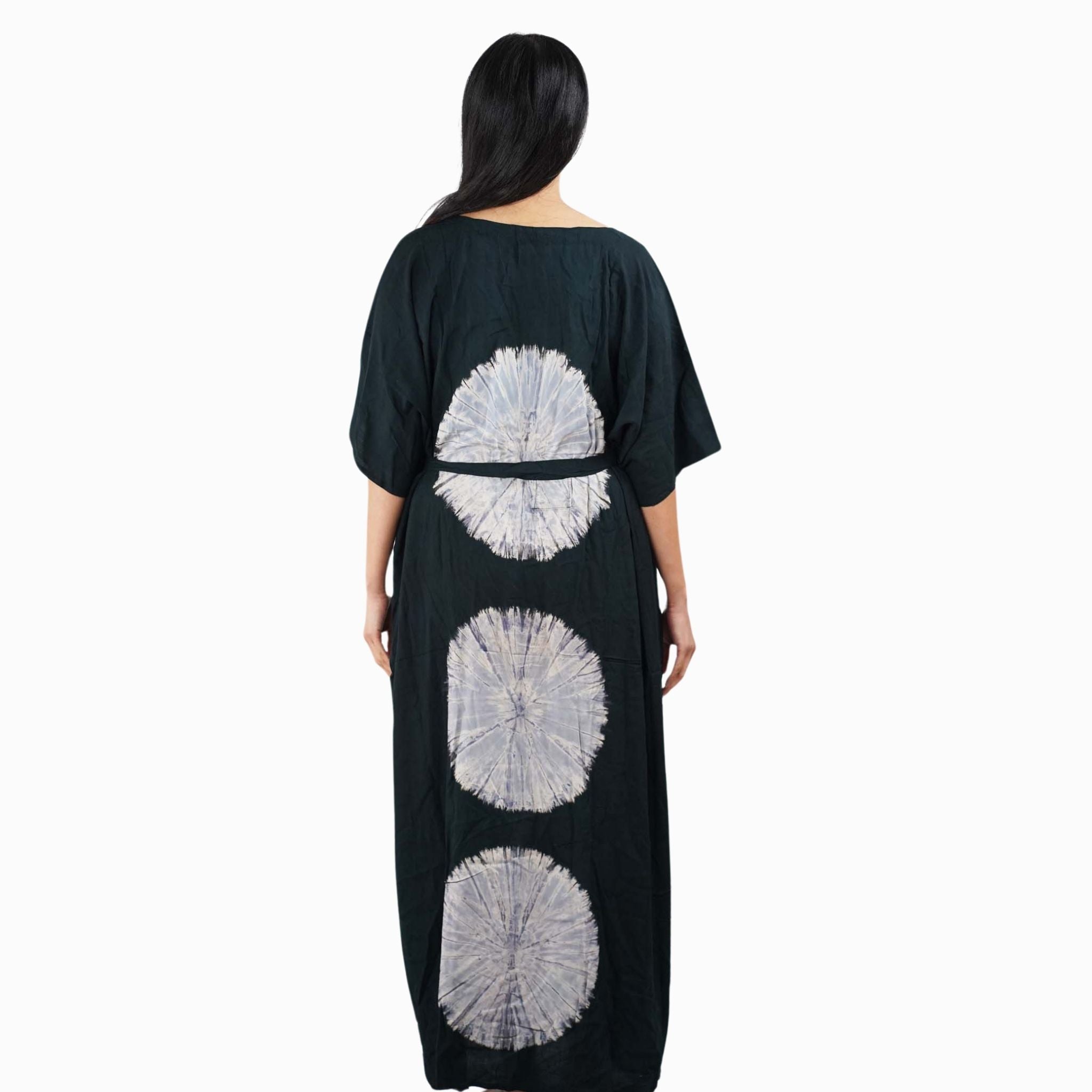 Folklore lace day dress ブラック　半袖 Kaftan Tie Dye Long Dress Shibori Black White Floral Pattern