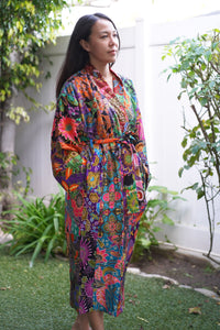 Handmade Long Mid Calf Thick Quilted Printed Batik Robe/ Kimono - Cotton
