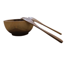 Load image into Gallery viewer, Teak wood bowl with spoon and fork handmade in Indonesia 5.8&quot; small size