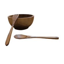 Load image into Gallery viewer, Teak wood bowl with spoon and fork handmade in Indonesia 5.8&quot; small size