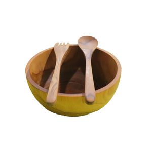 Teak wood bowl with spoon and fork handmade in Indonesia 5.8" small size