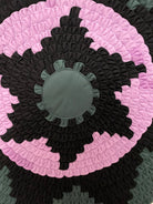 Blue patchwork circle wall hanging fabric art, hand sewn