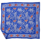 Blue bandana with white and red bird patterns on a white background