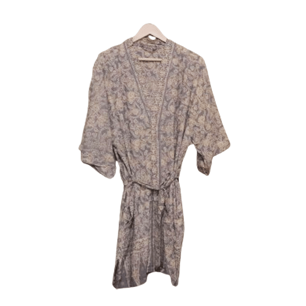Handmade Batik Robe/ Kimono - Cotton Paris - Silver Petals
