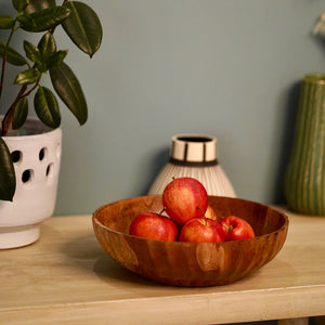Medium Suar Wood Fruit Bowl, Handcarved in Indonesia, Flat Wooden Bowl