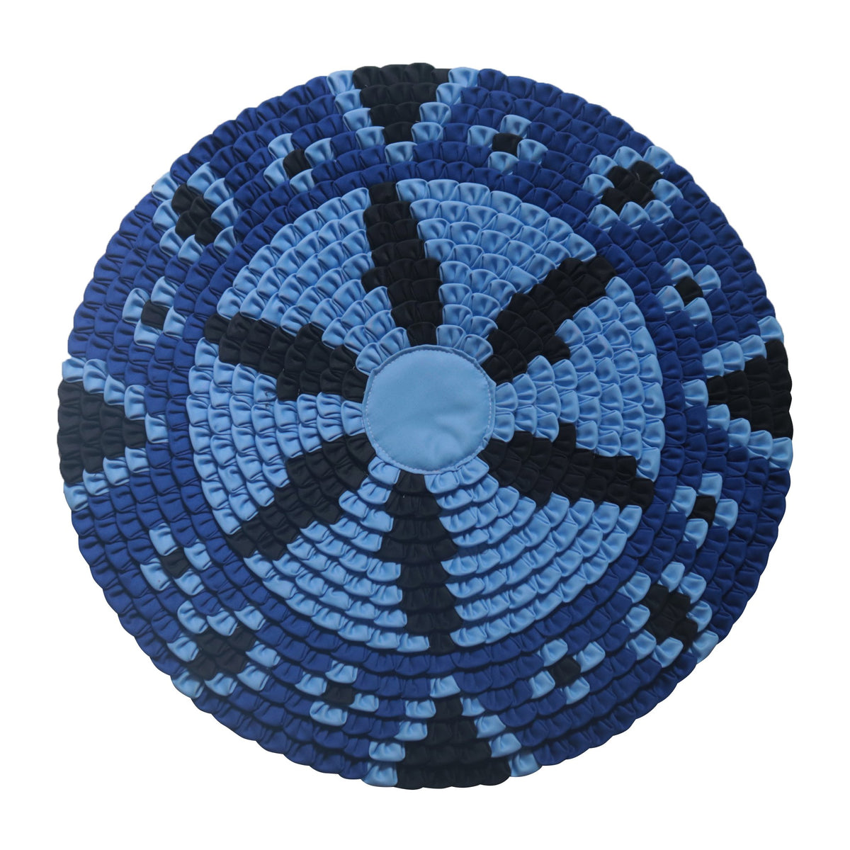 Blue patchwork circle wall hanging fabric art, hand sewn