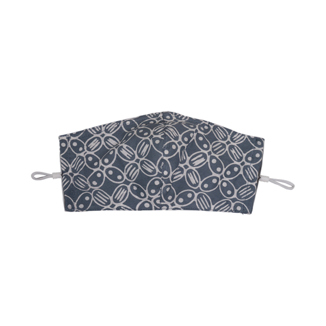 Hand Dyed Indonesia Batik Face Mask Three Layers 100% Cotton with Nose Wire Filter Pocket Soft Elastic Band Gray Padi Oats