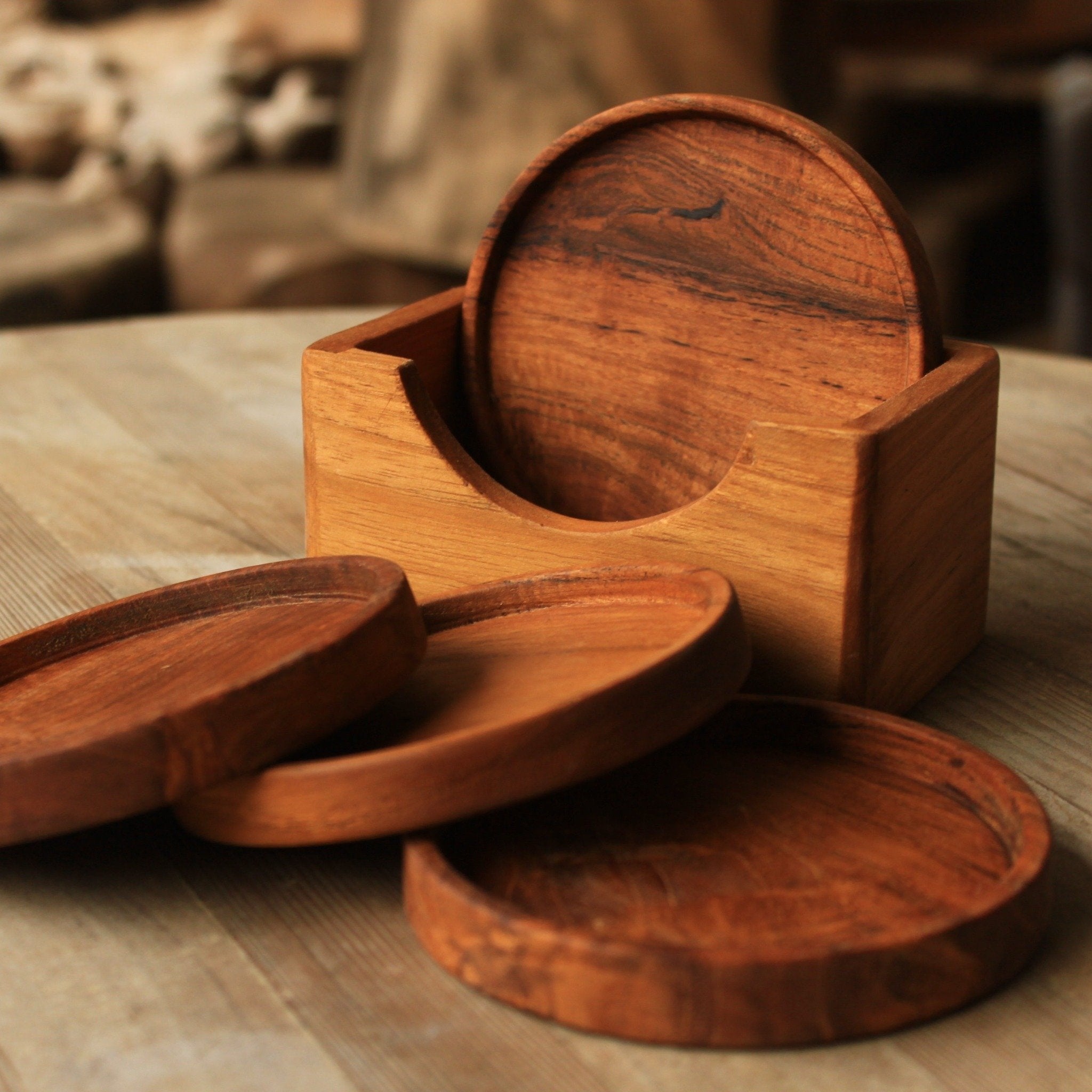 Handmade Teak Wood Coaster Set of Four