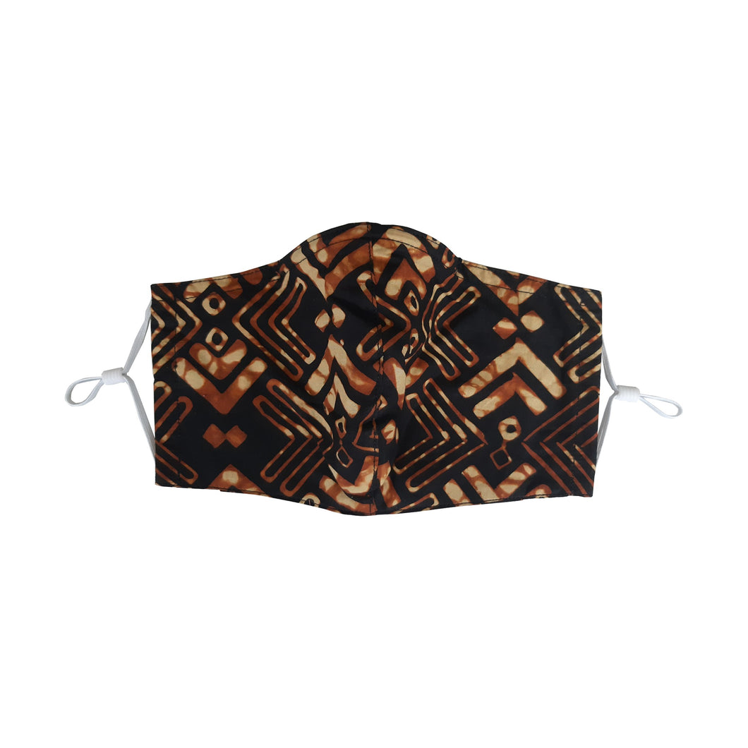Hand Dyed Indonesia Batik Face Mask Three Layers 100% Cotton with Nose Wire Filter Pocket Soft Elastic Band Black Brown Arrow