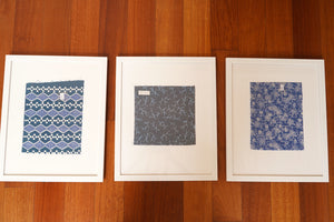 3 Piece Framed Batik Fabric Wall Art, Hand Dyed Hand Stamped Tie Dye Textile - Blue