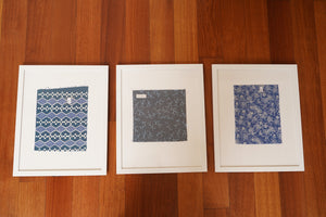 3 Piece Framed Batik Fabric Wall Art, Hand Dyed Hand Stamped Tie Dye Textile - Blue