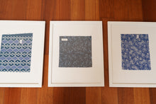 Load image into Gallery viewer, 3 Piece Framed Batik Fabric Wall Art, Hand Dyed Hand Stamped Tie Dye Textile - Blue