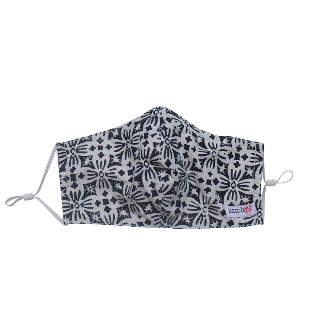 Hand Dyed Indonesia Batik Face Mask Three Layers 100% Cotton with Nose Wire Filter Pocket Soft Elastic Band Black Celestial