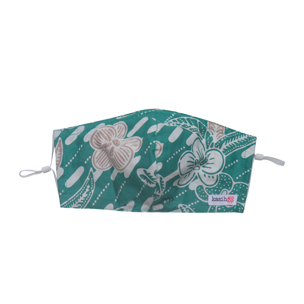 Hand Dyed Indonesia Batik Face Mask Three Layers 100% Cotton with Nose Wire Filter Pocket Soft Elastic Band Green Drizzle