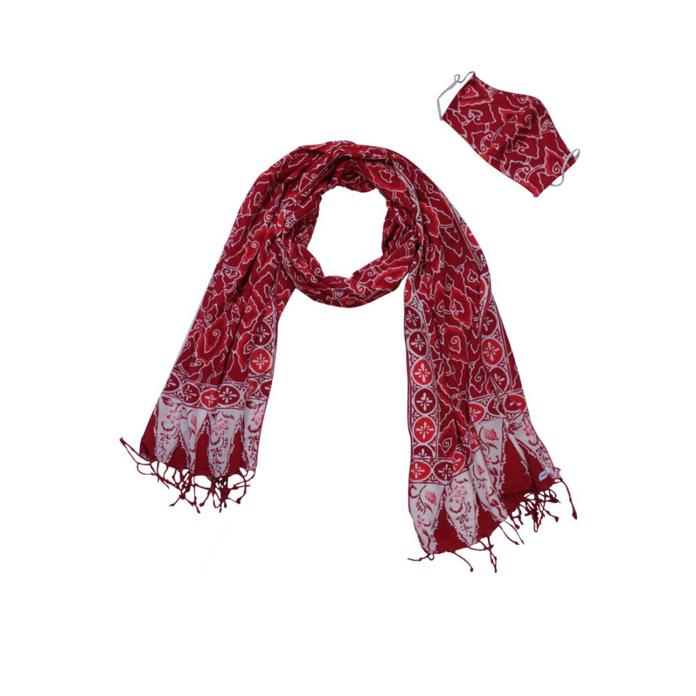 Hand Dyed Indonesia Batik Face Covering & Scarf Set 100% Cotton - Red Storm