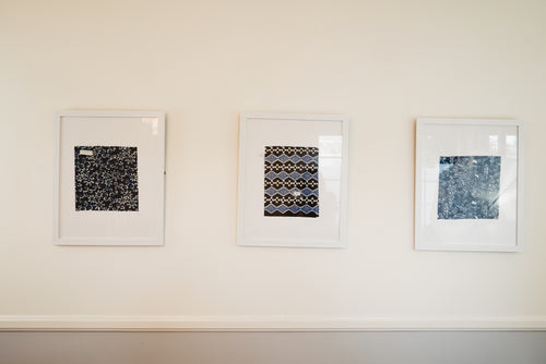 3 Piece Framed Batik Fabric Wall Art, Hand Dyed Hand Stamped Tie Dye Textile