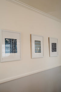3 Piece Framed Batik Fabric Wall Art, Hand Dyed Hand Stamped Tie Dye Textile