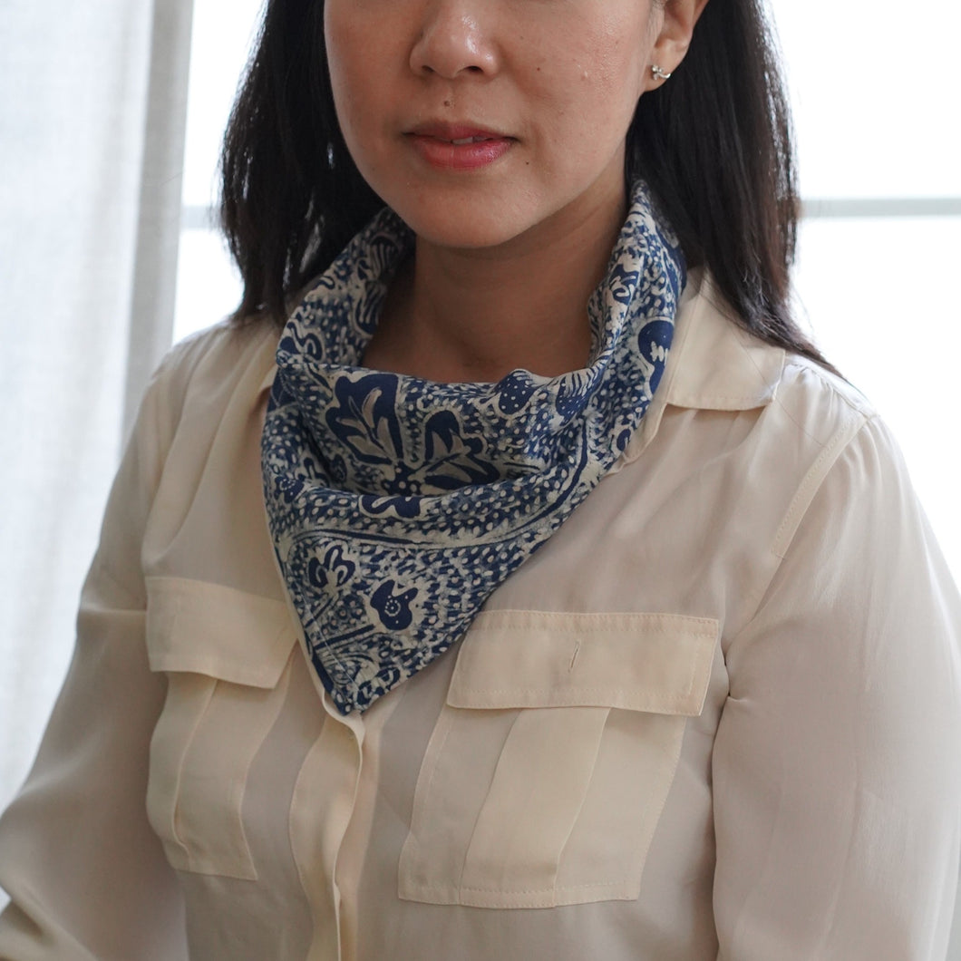 Indigo Botanically Dyed Batik Bandana Hand Drawn & Hand Stamped - Natural Dye - kembang kupu