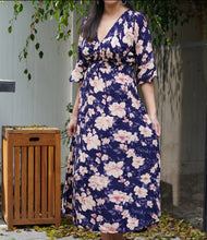 Load image into Gallery viewer, Kasih Co-op Dress Blue Trumpet Sleeve Over the Knee with White and Pink Floral Pattern