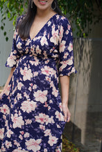 Load image into Gallery viewer, Kasih Co-op Dress Blue Trumpet Sleeve Over the Knee with White and Pink Floral Pattern