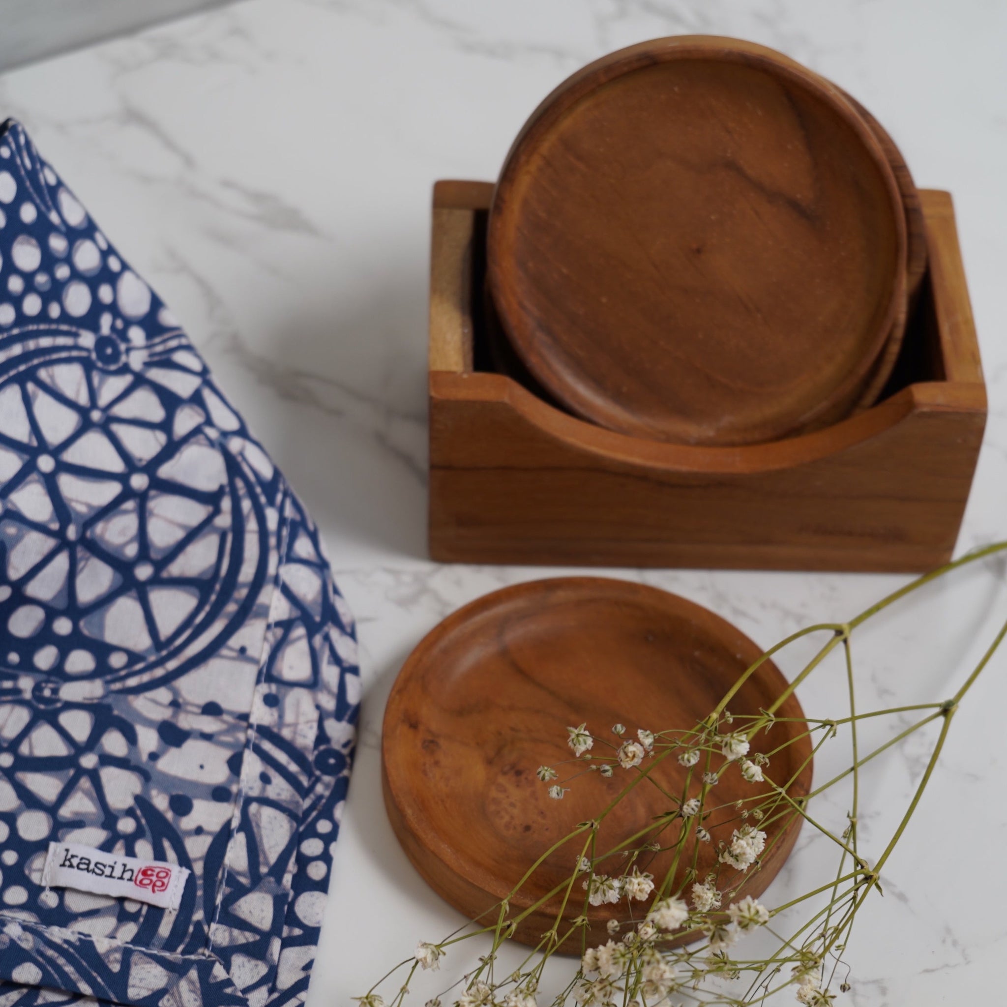 Teak Wood Coasters Set of 4, Square with Inner Square 9cm. Bamboo