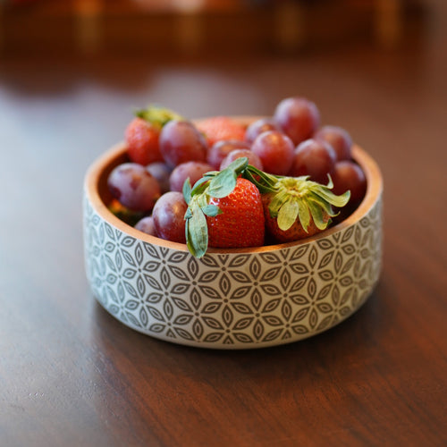 Mahogany wood bowl with black and white prints handmade in Indonesia small size