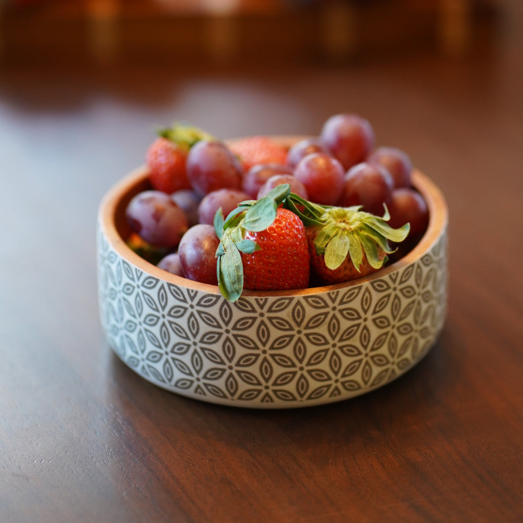 Mahogany wood bowl with black and white prints handmade in Indonesia small size