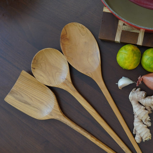 Set of 3 Cooking Kitchen Utensils Teak Wood 14inches ( two spoons and one spatula)