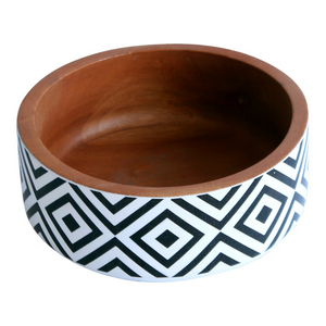 Mahogany wood bowl with black and white prints handmade in Indonesia small size