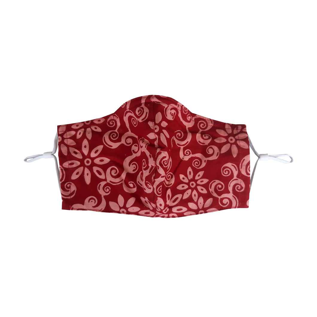 Hand Dyed Indonesia Batik Face Mask Three Layers 100% Cotton with Nose Wire Filter Pocket Soft Elastic Band Red Loop