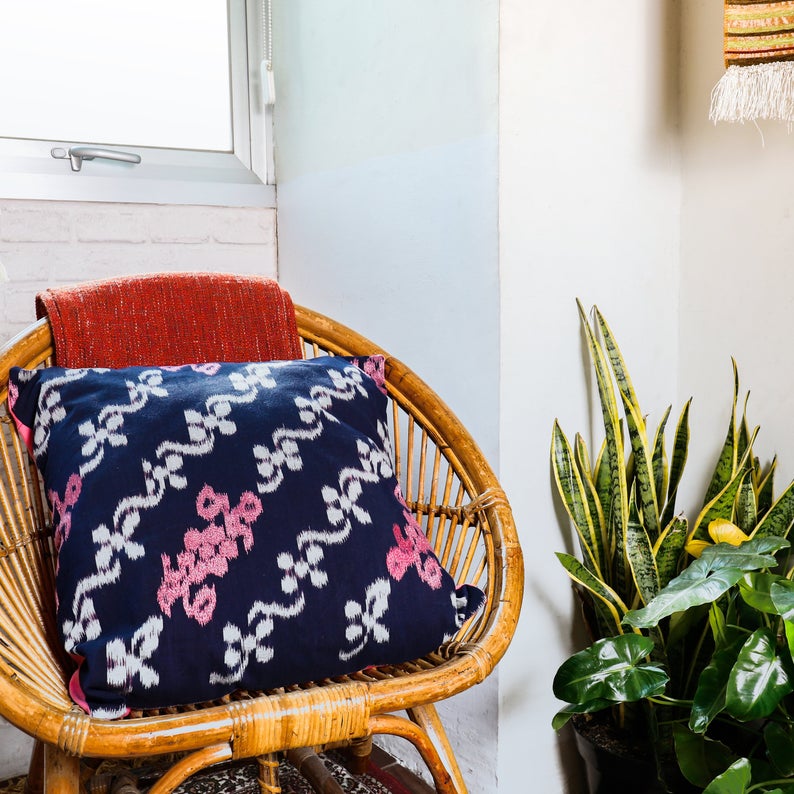 Ikat Pillow Cover, Pink & Blue. Ethnic, Boho Cushion Case. Handwoven in Indonesia. 20x20 inches