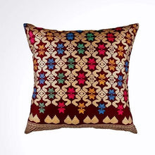 Load image into Gallery viewer, Ikat Pillow Cover, Burgundy Red and Gold. Ethnic, Boho Cushion Case. Handwoven in Indonesia. 16x16 inches