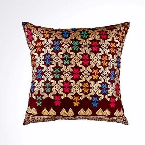 Ikat Pillow Cover, Burgundy Red and Gold. Ethnic, Boho Cushion Case. Handwoven in Indonesia. 16x16 inches