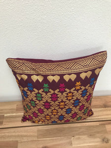 Ikat Pillow Cover, Burgundy Red and Gold. Ethnic, Boho Cushion Case. Handwoven in Indonesia. 16x16 inches