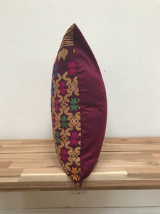 Ikat Pillow Cover, Burgundy Red and Gold. Ethnic, Boho Cushion Case. Handwoven in Indonesia. 16x16 inches