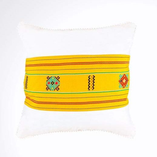 White and Yellow Ikat Pillow. Ethnic, Boho Cushion Case. Handwoven in Indonesia. 16x16