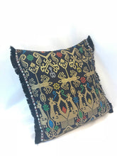 Load image into Gallery viewer, Batik, Ikat Pillow Cover, Black &amp; Gold with Black Fringe. Ethnic, Boho Cushion Case. Handwoven in Indonesia. 20x20 inches