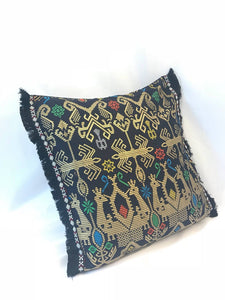 Batik, Ikat Pillow Cover, Black & Gold with Black Fringe. Ethnic, Boho Cushion Case. Handwoven in Indonesia. 20x20 inches