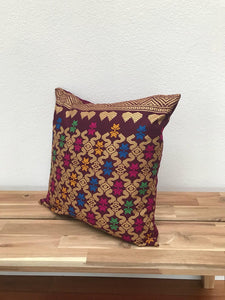 Ikat Pillow Cover, Burgundy Red and Gold. Ethnic, Boho Cushion Case. Handwoven in Indonesia. 16x16 inches