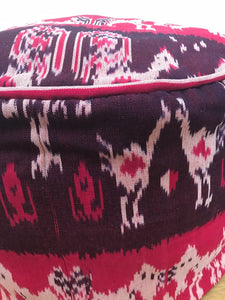 Round Ikat Pouf Ottoman, Red and Black. Cover Only with No Insert.