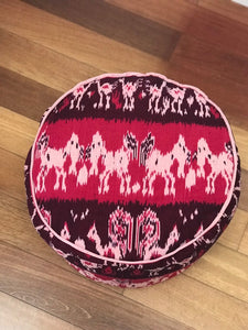Round Ikat Pouf Ottoman, Red and Black. Cover Only with No Insert.
