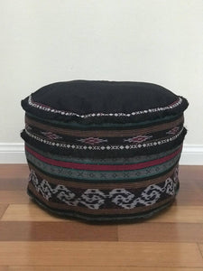 Round Ikat Pouf Ottoman, Black, Red and Green. Cover Only with No Insert.
