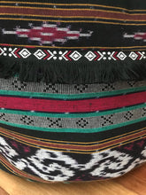 Load image into Gallery viewer, Round Ikat Pouf Ottoman, Black, Red and Green. Cover Only with No Insert.